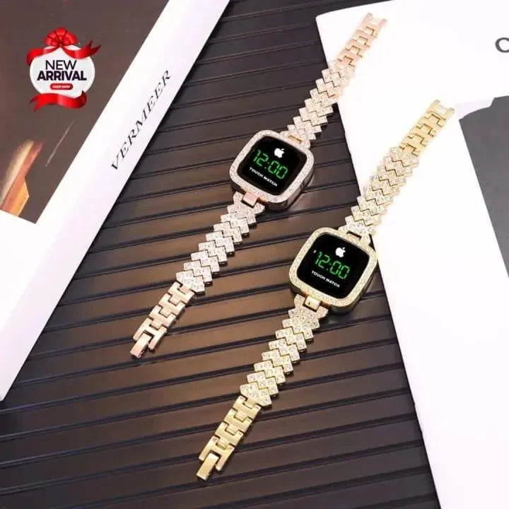 Women squre digital touch watch with diamond chain strap
