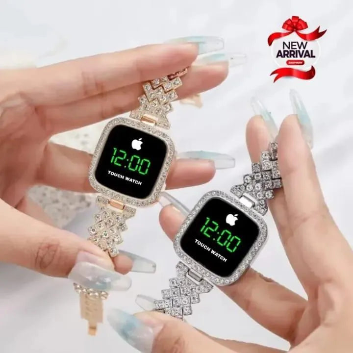 Women squre digital touch watch with diamond chain strap