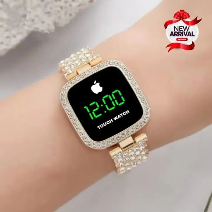 Women squre digital touch watch with diamond chain strap
